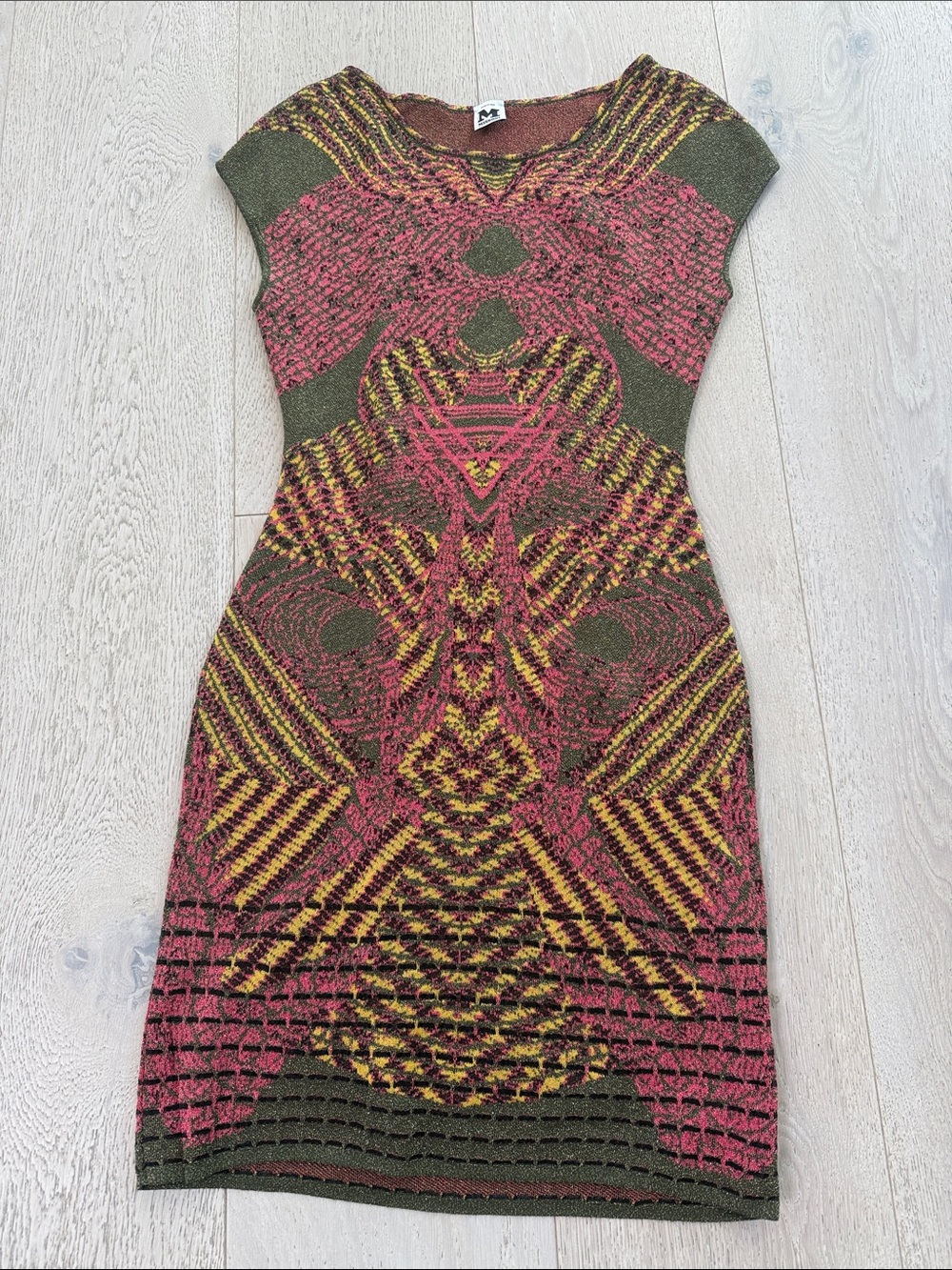 Missoni Pink, Olive & Yellow Patterned Knit Midi Dress